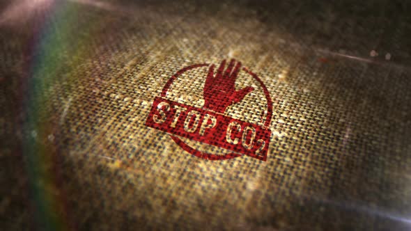 Stop CO2 and carbon neutral sign stamp on linen sack loop