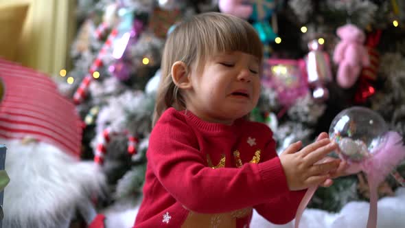 A Little Girl is Crying Near Christmas Tree a Girl in a Red Sweater is Crying