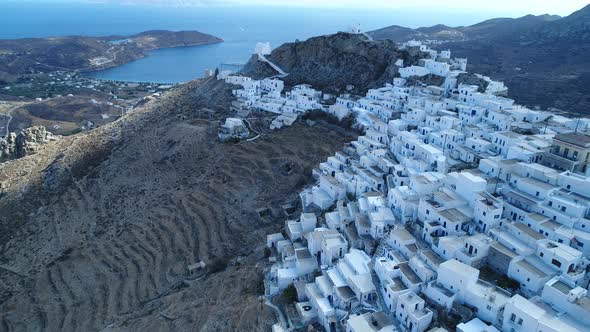 Village of Chora on the island of Serifos in the Cyclades in Greece from the sky