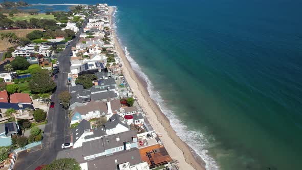 Luxury homes at Malibu Beach, Pacific Coast - ascending aerial view
