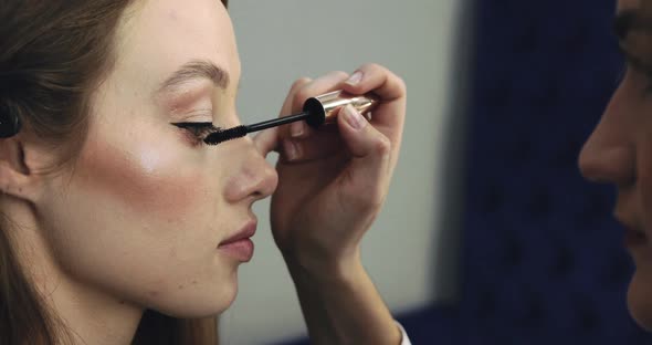 Closeup of Girl with Perfect Nude Makeup and Makeup Artist