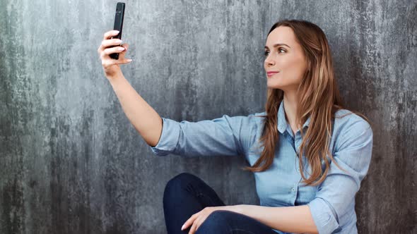 Happy Casual Blonde Woman Smiling Taking Selfie Use Smartphone Isolated