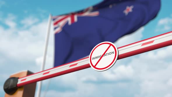 Opening Barrier with Stop Immigration Sign at Flag of New Zealand