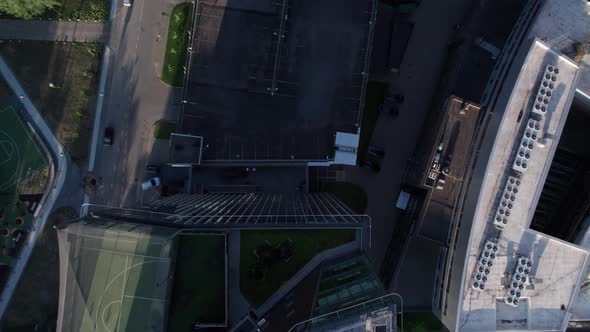 Ecology solar power station panels in the skyscraper energy at sunset landscape electrical innovatio