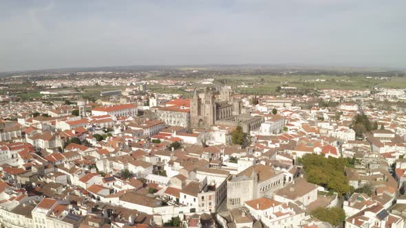 Aerial drone view of Evora city in Alentejo, Portugal