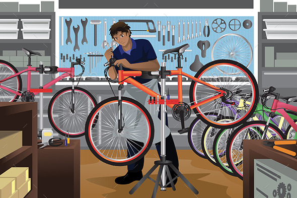 Bike Repairman Repairing a Bicycle in His Shop