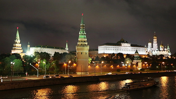 Moscow Kremlin And River At Night 