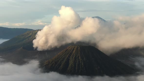 Aerial shot of Mountain Bromo active Volcano crater in East Java, Indonesia