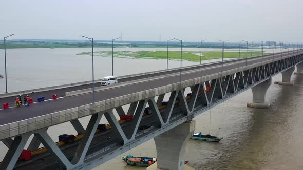 Aerial view of Padma bridge, over the Padma river by day, Dhaka, Bangladesh.