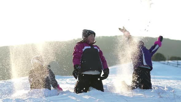 Three Girls Playing With Snow Slow Motion