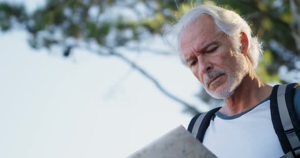 Senior man looking at map in the forest 4k