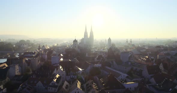 Drone shot of Regensburg and the old town in golden October