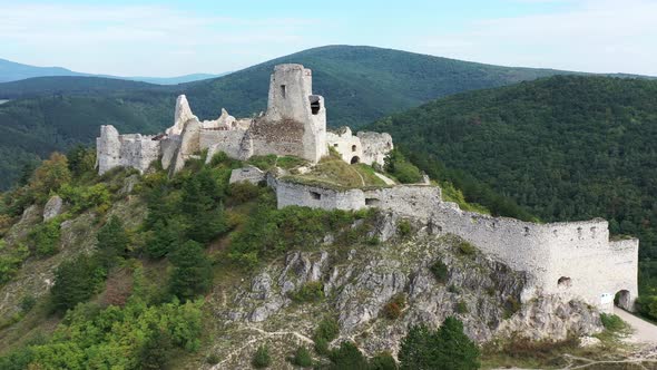 Aerial view of Cachtice Castle in the village of Cachtice in Slovakia