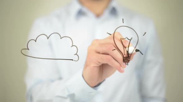 Cloud and Bulb, Businessman Writing on Transparent Screen