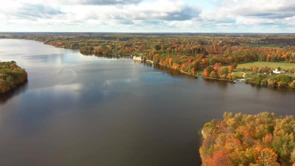 Autumn Aerial Landscape Old Koknese Castle Ruins and River Daugava Located in Koknese Latvia.