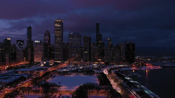 Urban Skyline of Chicago at Night in Winter