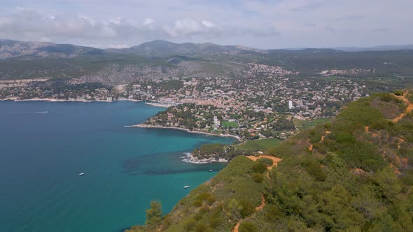 Aerial view of Cassis and Cap Canaille cliff in Provence, France