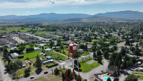 Drone shot of a water tower above Spokane Valley.