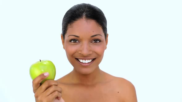 Happy Woman Showing Green Apple At Camera alt
