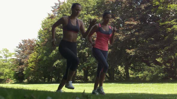 Two Friends Jogging Together In The Park