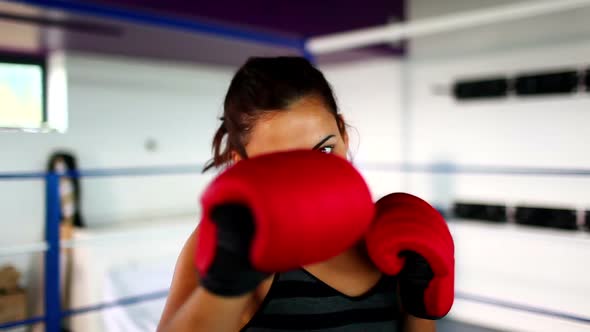 Aggressive Fit Woman Wearing Red Boxing Gloves Boxing