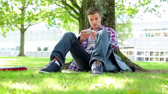 Young Student Sitting On The Grass Texting alt