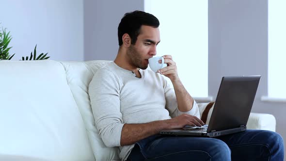 Man Drinking Coffee While Using A Laptop