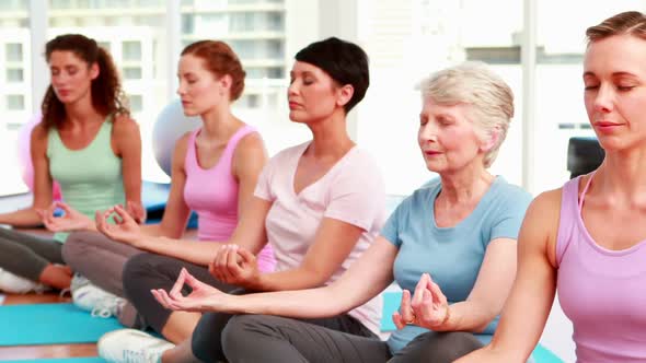 Group Of Content Women In Fitness Studio Doing Yoga