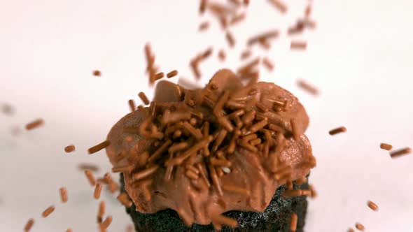 Chocolate Sprinkles Falling Onto Chocolate Cupcake On White Background