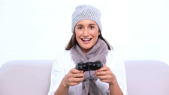 Happy Brunette Playing Video Games