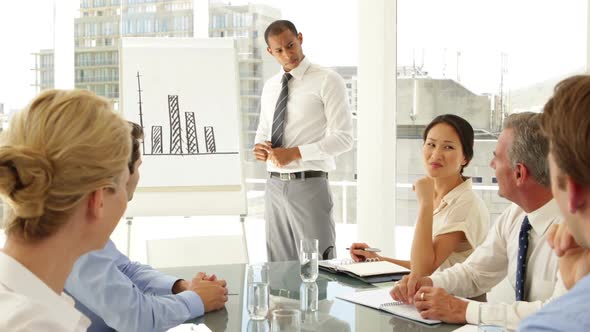 Businessman Explaining Bar Chart To Colleagues At Presentation