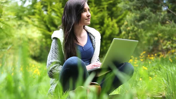 Woman Sitting On Grass Using Her Laptop