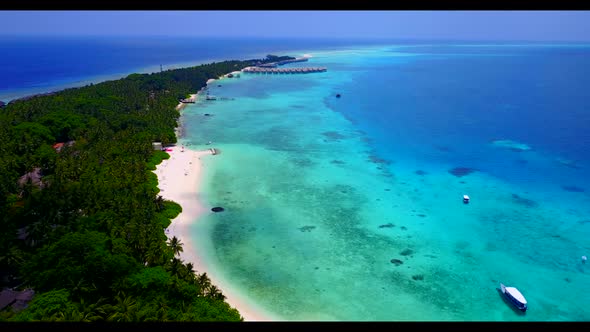 Aerial drone nature of relaxing coastline beach journey by blue lagoon with white sand background of