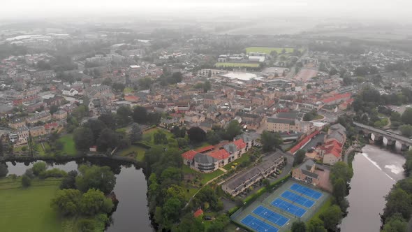 Aerial footage of the town centre of Wetherby in West Yorkshire in the UK