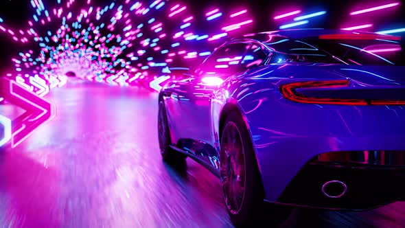 The sports car rushes along the night road. Rear view. Infinitely looped animation.