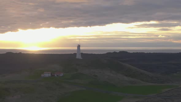 Reykjanesviti Lighthouse at Sunset. Reykjanes Peninsula. Iceland. Aerial View