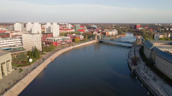 Wroclaw Panorama with Car Bridge Over Odra River Aerial View