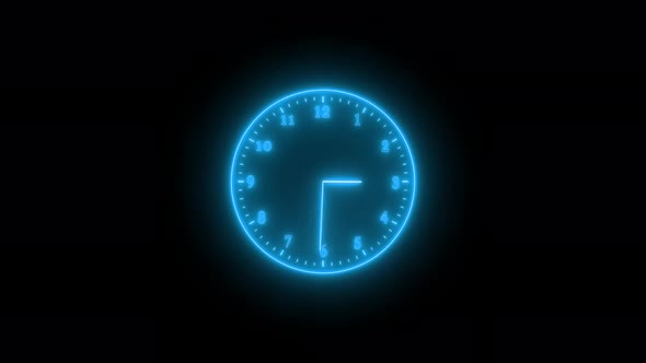 Cyan Neon Light Analog Clock Isolated Animated On Black Background