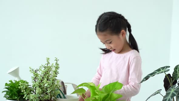 Little Asian Girl Cultivating Potted Plants at Home