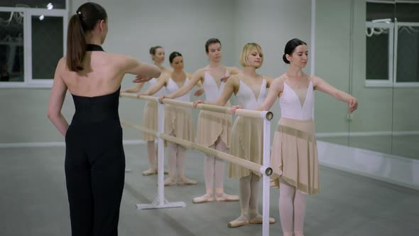 Back View Ballet Teacher Showing Movement Talking to Group of Students Rehearsing in Studio