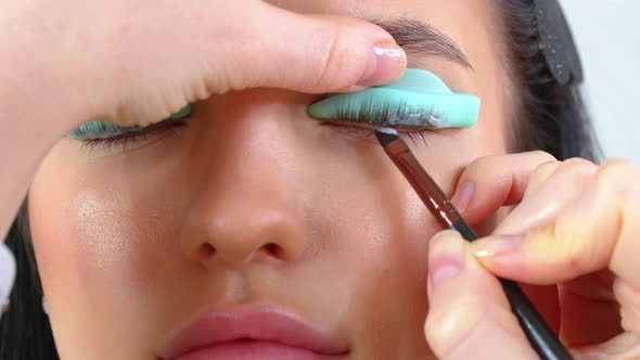 Face of a Young Girl in a Modern Eyelash Lamination Procedure in a Professional Beauty Salon