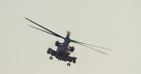 Military helicopter during a rescue mission in a base