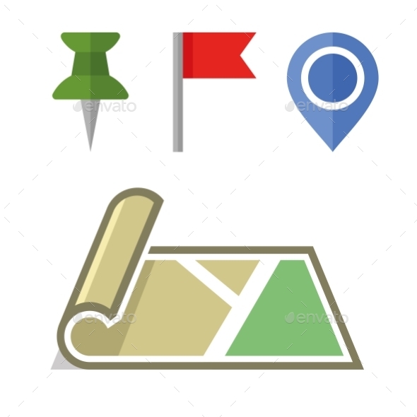 Map Icon With Different Pins Set. Vector