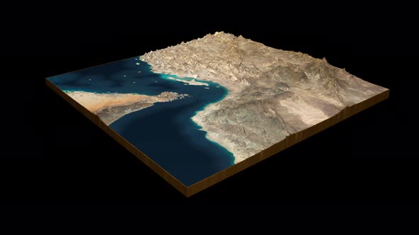 The Strait of Hormuz terrain map 3D render 360 degrees loop animation