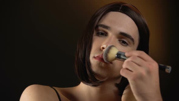 Male Transgender in Wig Applying Powder, Everyday Feminizing Makeup Routine