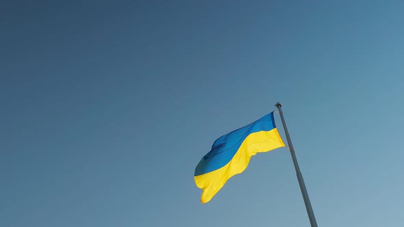 The Flag of Ukraine a Silk Big Flag Flies Against the Background of the Night Sky on a Large
