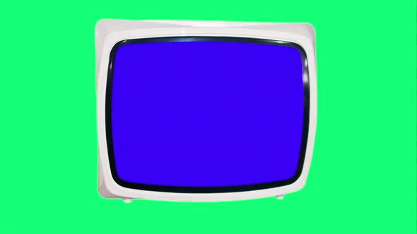 Chroma Key Blue Screen Tv Set For Composition. Antique White Tv With A Blue Screen