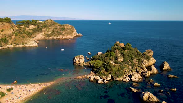 Taormina Sicily Isola Bella Beach From the Sky Aerial View Voer the Island and the Beach By Taormina