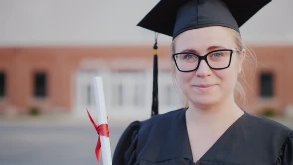 Portrait of a Female Graduate in a Cap and Mantle on the Background of a College Building