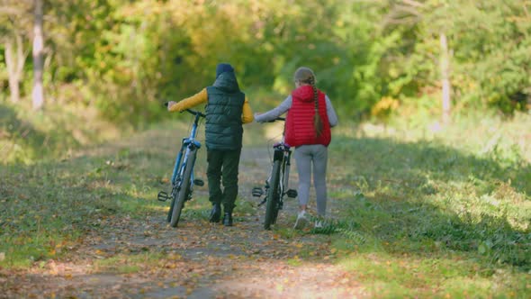 Children Walk in Nature with Bicycles